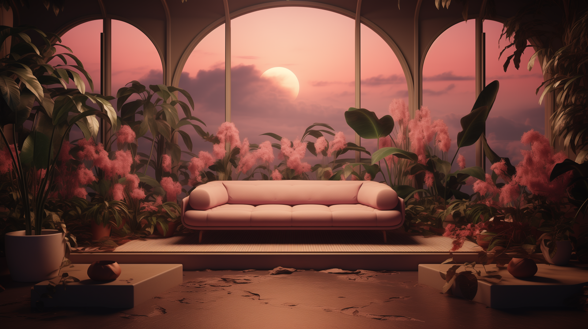 HD wallpaper featuring a pink aesthetic room with a sofa, surrounded by plants under a soothing sunset visible through arched windows.