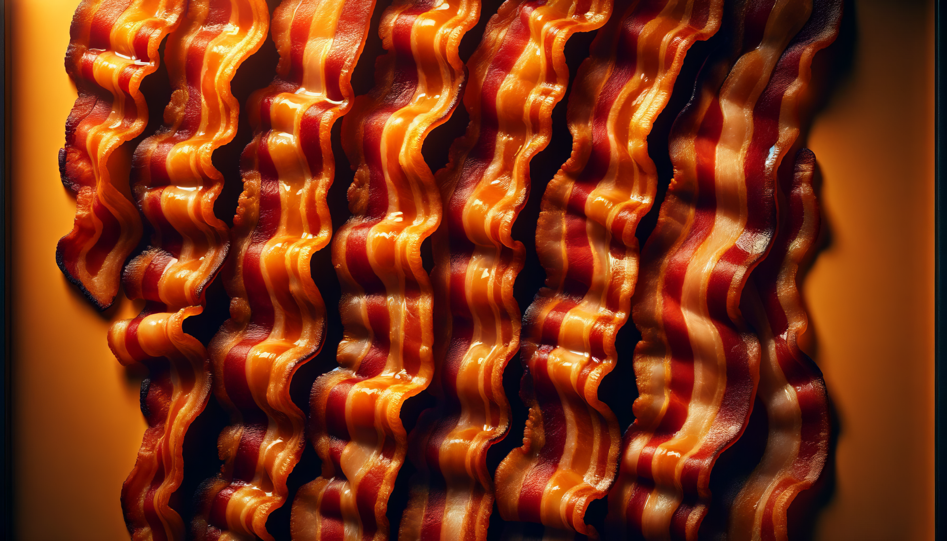 HD wallpaper featuring a close-up texture of crispy bacon strips with a warm, glowing background for a desktop background.