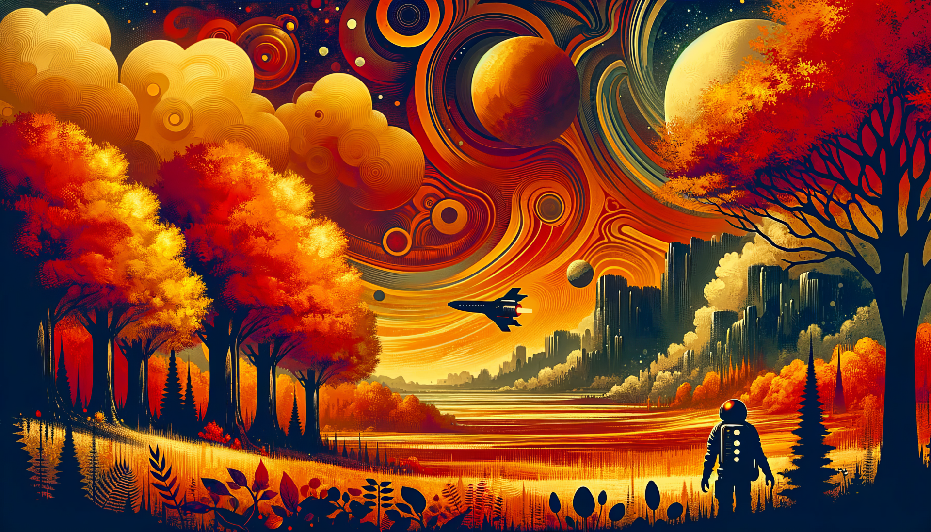 HD desktop wallpaper featuring a vibrant sci-fi autumn landscape with swirling skies, fiery fall-colored trees, a futuristic city silhouette, and celestial bodies.