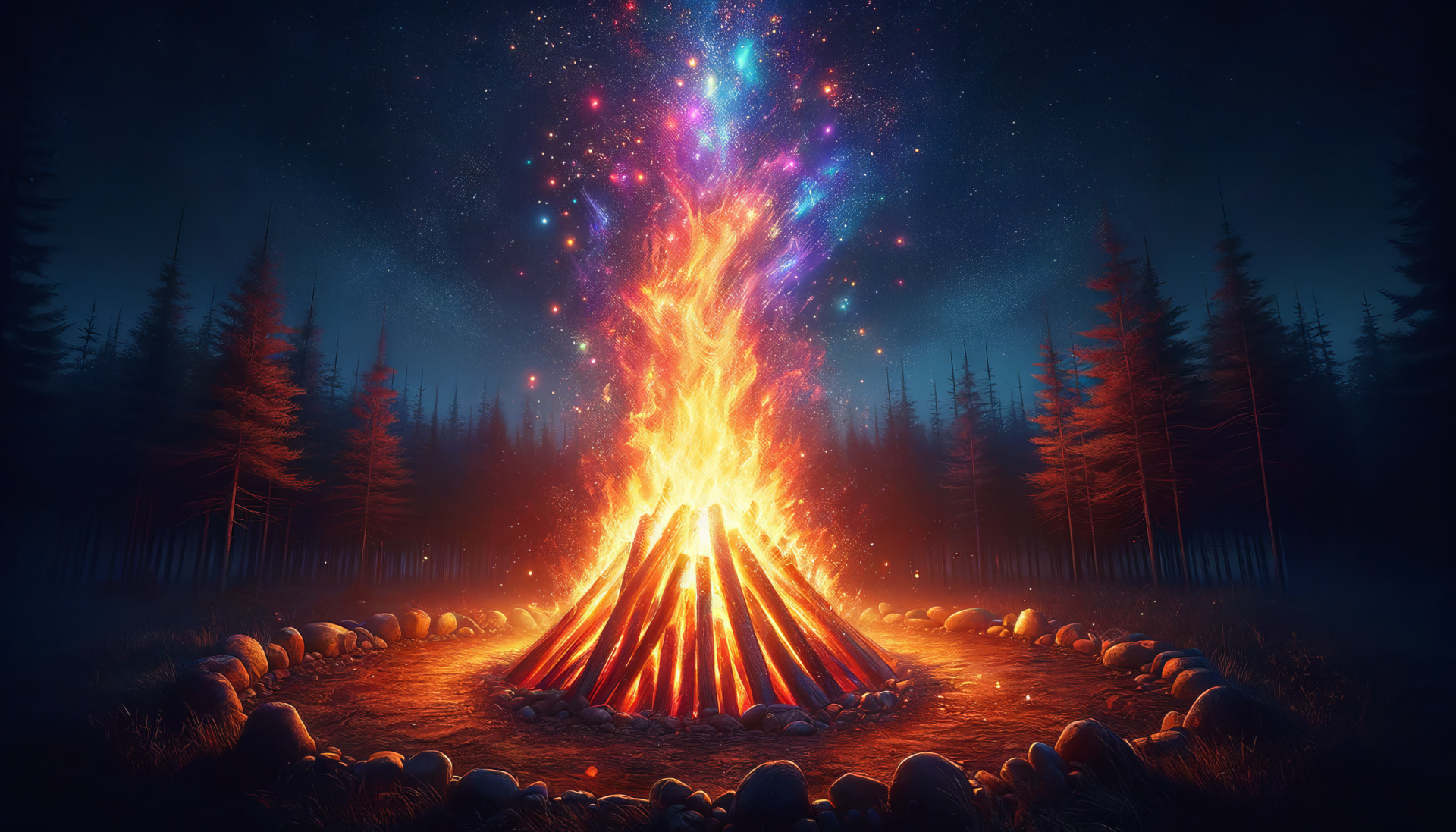 Vibrant cosmic campfire wallpaper with a dazzling display of stars and galaxies above a forest silhouette.