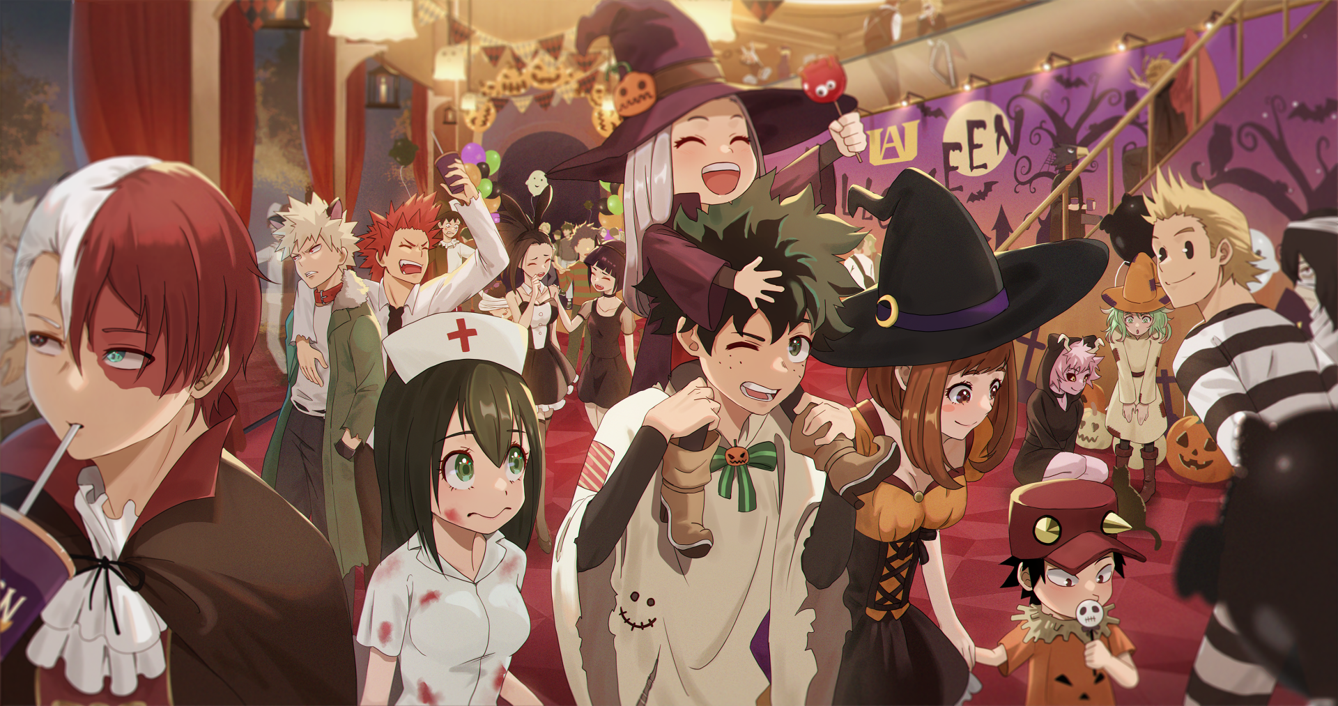 HD desktop wallpaper showcasing characters from My Hero Academia in Halloween costumes at a lively party.