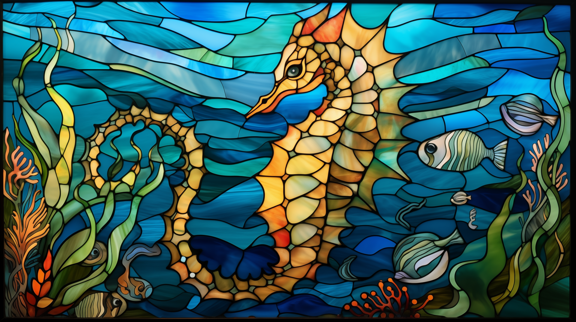 Stained glass seahorse and sea life HD desktop wallpaper and background.