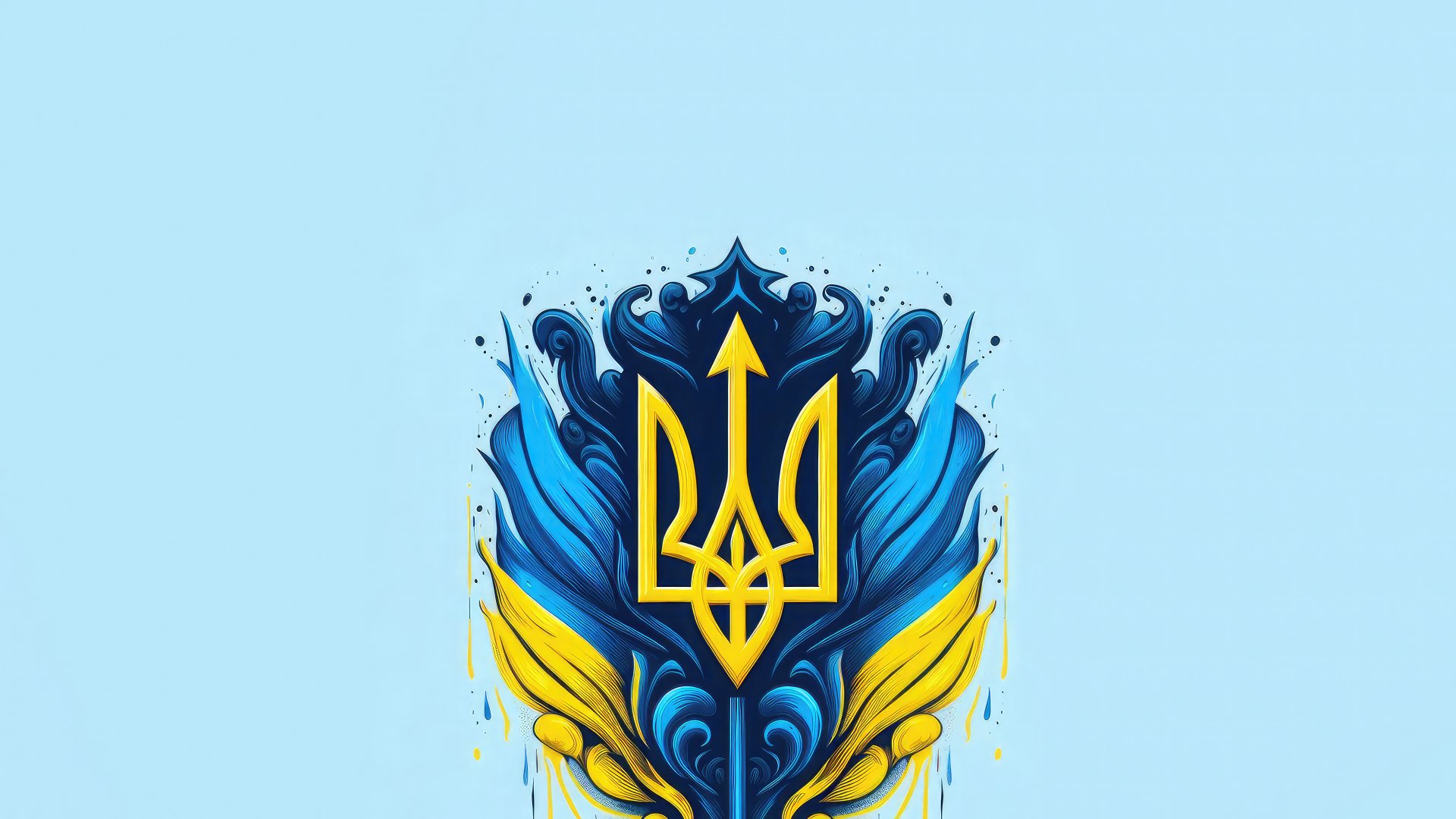 Stylized Ukrainian Tryzub in blue and yellow ornamental flames on a pale blue field — 8K Ultra HD PC desktop wallpaper background.