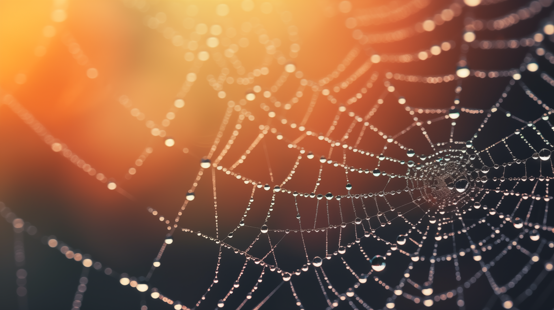 HD wallpaper of a delicate spider web with morning dew drops, highlighting nature's intricate beauty with a warm bokeh background.