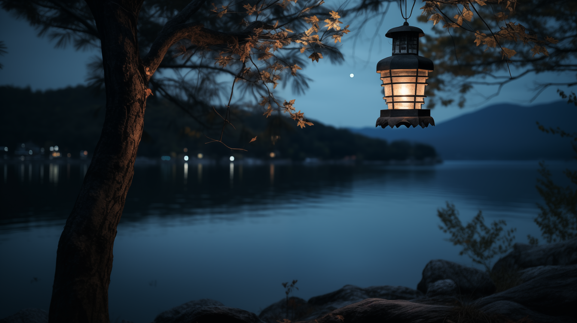 Hanging lantern illuminates a serene lakeside at twilight, HD desktop wallpaper and background