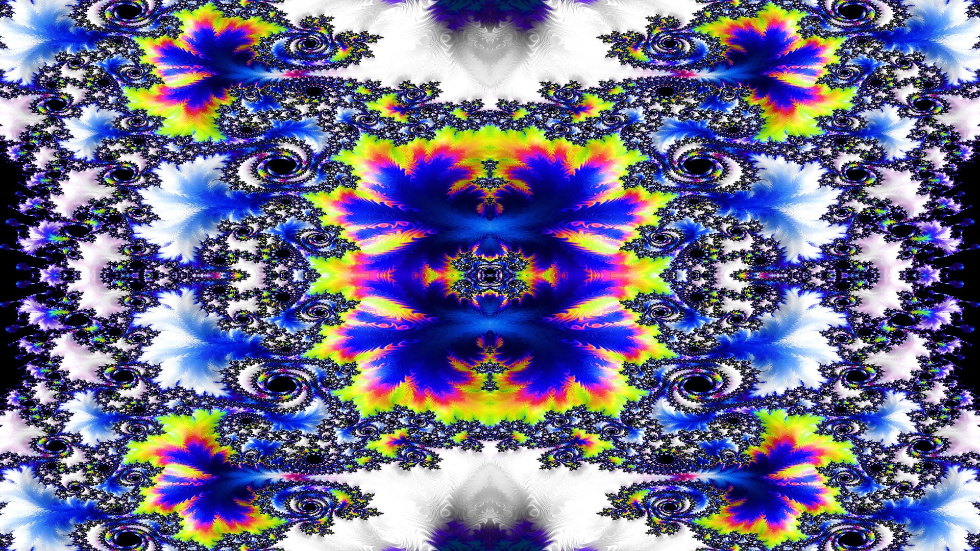 Vivid trippy psychedelic fractal abstract aesthetic: kaleidoscopic, symmetrical 4K Ultra HD PC desktop wallpaper/background with neon blues, purples, greens and intricate swirling patterns.