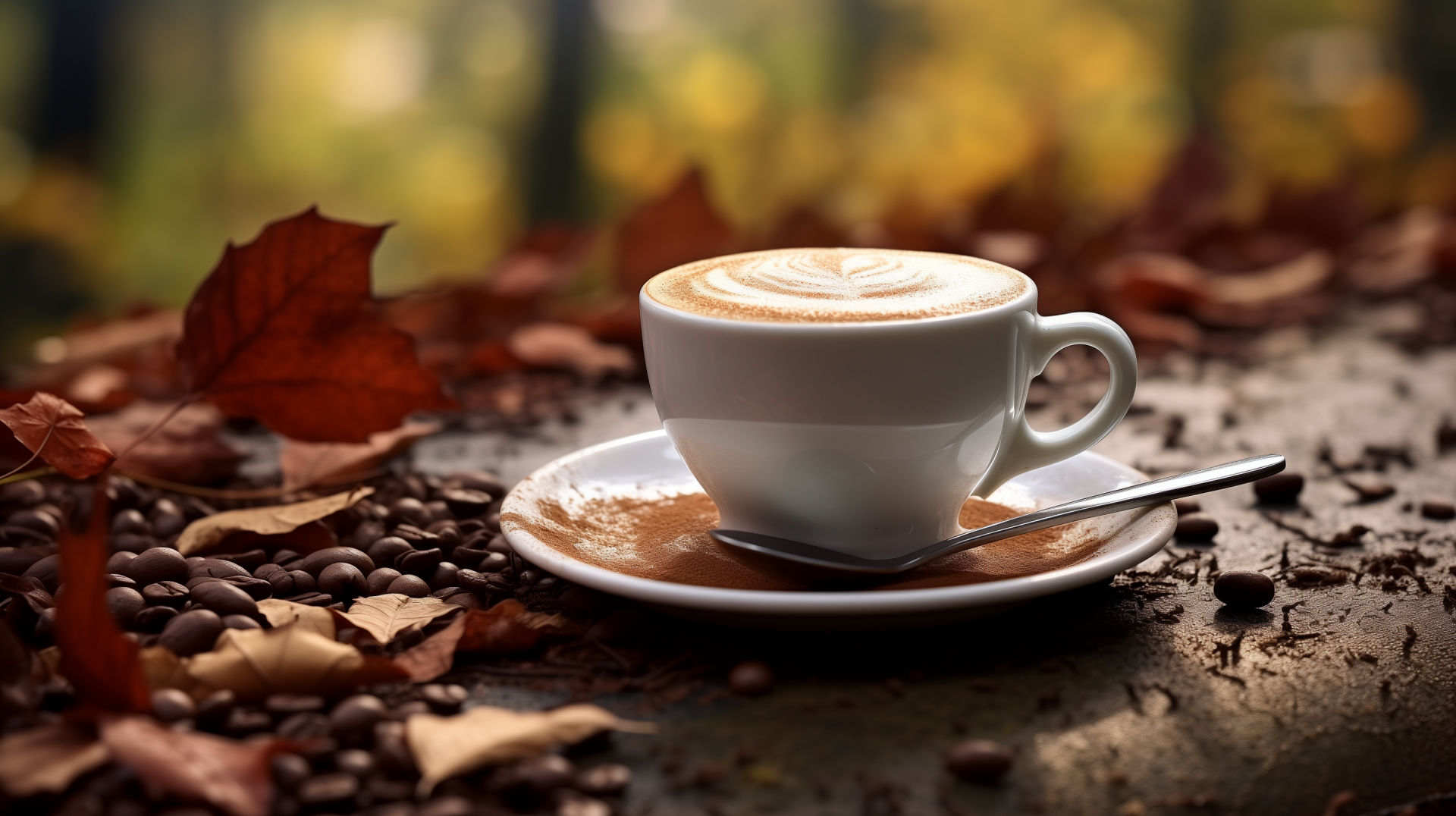 HD desktop wallpaper featuring a beautifully crafted cappuccino with latte art, coffee beans, and autumn leaves on a rustic surface.