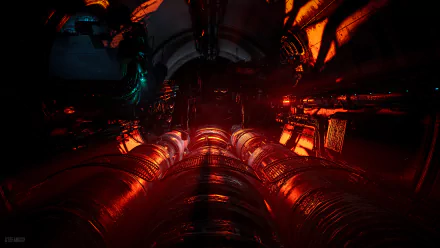 4K Ultra HD desktop wallpaper from the video game The Ascent, featuring a dark, industrial corridor illuminated by fiery orange and red lights.