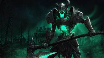 HD desktop wallpaper featuring a menacing armored warrior from Age of Darkness: Final Stand, with a glowing green aura in a dark, eerie forest background.