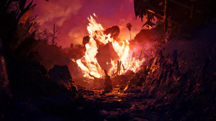 A vibrant HD desktop wallpaper from Dead Island 2, featuring a fiery scene with dramatic lighting and a striking silhouette amidst a richly detailed landscape.