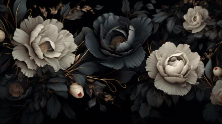 Artistic HD desktop wallpaper featuring an elegant black aesthetic with beautifully detailed flowers in muted tones.
