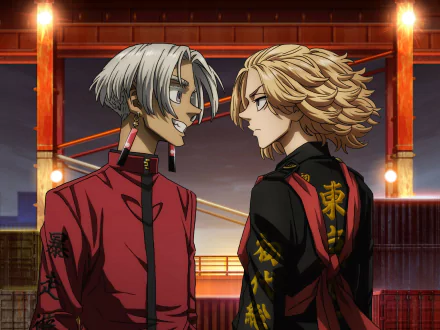 HD anime wallpaper featuring Izana Kurokawa and Mikey Manjiro Sano from Tokyo Revengers facing each other against an industrial sunset backdrop.