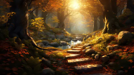 HD wallpaper of a tranquil autumn forest with sunbeams filtering through the trees, illuminating a stone path along a stream.