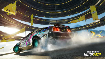 A dynamic HD wallpaper featuring a colorful car drifting in a futuristic racing environment from the video game The Crew Motorfest.