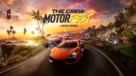 Colorful HD desktop wallpaper featuring The Crew Motorfest with high-speed cars racing on a scenic coastal road at sunset.