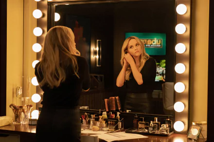 HD wallpaper featuring Reese Witherspoon as her character from The Morning Show, posed in front of a mirror surrounded by lights.