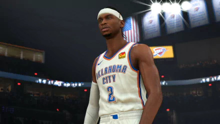 An HD desktop wallpaper of a player from NBA 2K24 video game representing the Oklahoma City basketball team, capturing the detailed graphics and atmosphere of the game.