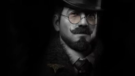 A stylish HD wallpaper featuring a character from the video game Lies Of P, showcasing a man in a top hat and glasses, exuding a mysterious and sophisticated air against a dark background.