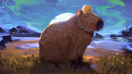 HD desktop wallpaper depicting a capybara sitting under moonlight with mountains and vibrant aurora borealis in the background.