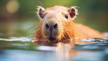 HD desktop wallpaper of a capybara swimming, with its head emerging from the water, highlighting the animal’s serene gaze and wet fur.
