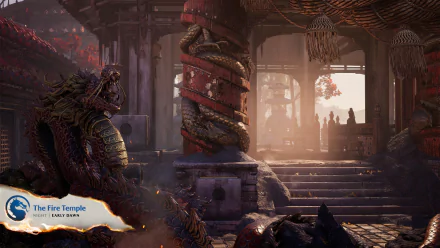 HD desktop wallpaper from Mortal Kombat featuring The Fire Temple scene with intricate dragon architecture and atmospheric lighting.