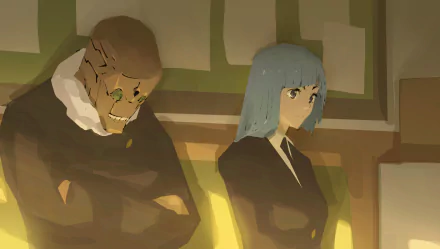 HD anime desktop wallpaper featuring Kasumi Miwa and Kokichi Muta from Jujutsu Kaisen in a dimly lit, stylized setting.