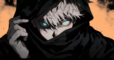 HD wallpaper of Satoru Gojo from Jujutsu Kaisen, featuring the character with intense blue eyes in a dark, moody anime style.