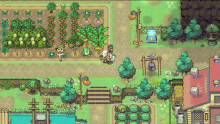 Alt-text: Eastward: Octopia HD desktop wallpaper featuring a vibrant in-game scene with characters exploring a lush farm and town environment.