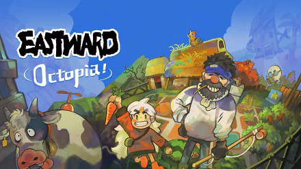 HD desktop wallpaper of Eastward: Octopia, featuring a whimsical illustration with two characters and a cow in a vibrant, cartoony village setting.