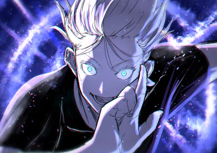 4K Ultra HD anime wallpaper featuring Satoru Gojo from Jujutsu Kaisen with glowing eyes and dynamic energy effects in a vibrant blue and purple color scheme.