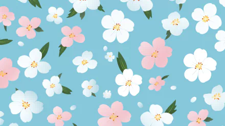 HD desktop wallpaper featuring an abstract pattern of white and pink flowers with green leaves on a soft blue background, encompassing an aesthetic blue theme.