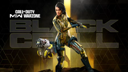 HD desktop wallpaper for Call of Duty: Warzone 2.0 featuring a female soldier in futuristic armor, poised with a weapon.