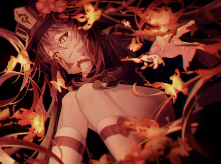 HD PC desktop wallpaper featuring Hu Tao from the video game Genshin Impact, surrounded by fiery butterflies in a dark, dynamic composition.