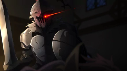 HD desktop wallpaper featuring Goblin Slayer from the anime, poised in battle with a glowing red eye and detailed armor.