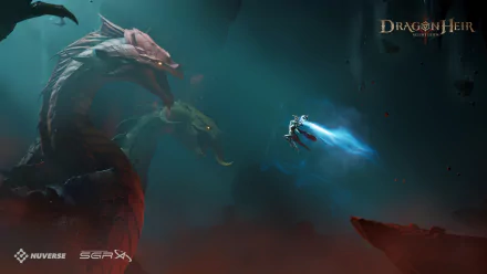 A captivating HD wallpaper from the video game Dragonheir: Silent Gods, showcasing an epic scene with a hero battling massive, mythical serpents in a dramatic atmosphere.