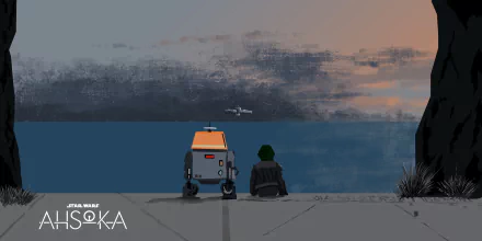 Illustration from Ahsoka (2023) featuring Ahsoka Tano and Anakin Skywalker by the water at sunset, designed as a HD PC desktop wallpaper and background in Star Wars sci-fi style.
