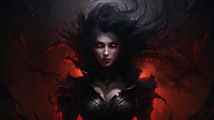 HD wallpaper featuring an artistic depiction of a vampire with dark, swirling hair and a menacing red-hued background.