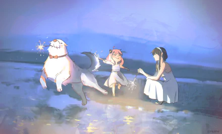 Anya Forger, Yor Forger, and their dog Bond from Spy x Family enjoy a magical evening by the water in this 4K Ultra HD anime wallpaper.