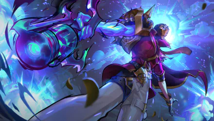 HD desktop wallpaper featuring Jhin from League of Legends and Legends of Runeterra, depicted in dynamic combat with a vibrant, magical background.