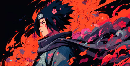HD desktop wallpaper featuring Sasuke Uchiha from Naruto, set against a vivid backdrop of orange and pink hues.