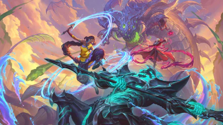 High-resolution desktop wallpaper featuring League of Legends champions Nilah, Thresh, and Vladimir battling the epic Baron Nashor.