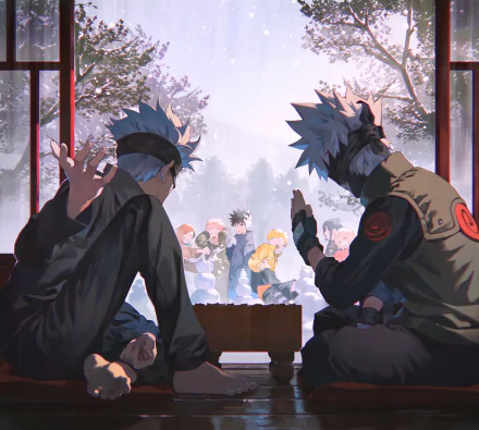 HD anime desktop wallpaper featuring a crossover with Satoru Gojo and Kakashi Hatake sitting indoors, overlooking a snowy outdoor scene with other characters in the background.