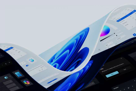 HD desktop wallpaper featuring an abstract design with light blue waves and Windows 11 interface elements, reflecting the modern aesthetic of Microsoft's operating system.