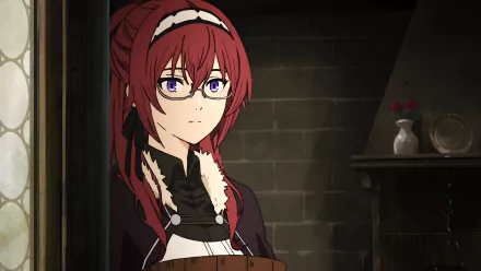 Anime-style 8K Ultra HD desktop wallpaper featuring a character from Mushoku Tensei: Jobless Reincarnation with red hair, glasses, and a detailed medieval interior background.