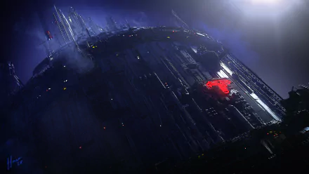 HD desktop wallpaper featuring an imposing, dark sci-fi structure with glowing red highlights, set against a misty, atmospheric backdrop.
