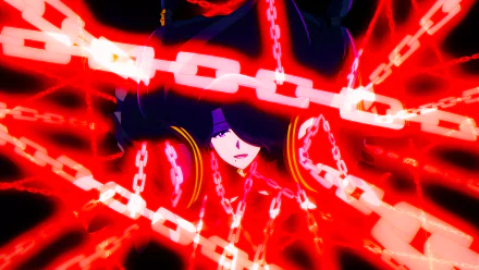 Aurora from The Eminence in Shadow anime, depicted in a vivid 8K Ultra HD wallpaper with glowing red chains wrapping around her.