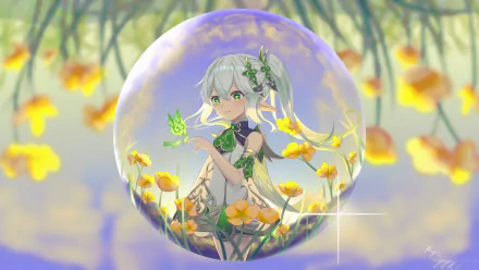 4K Ultra HD PC desktop wallpaper featuring Nahida from the video game Genshin Impact, surrounded by glowing yellow flowers inside a translucent orb.