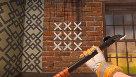 HD desktop wallpaper from House Flipper 2 showing a close-up of a virtual hand holding a crowbar with a renovated wall background.