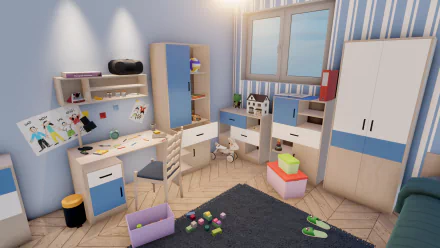 HD desktop wallpaper of a vibrant children's room from House Flipper 2 game with colorful furniture and toys.