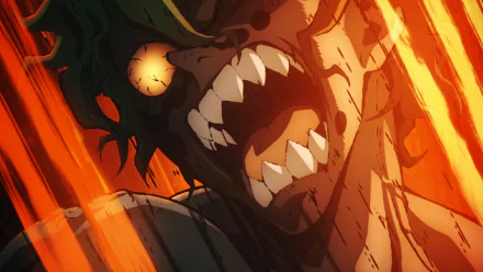 HD anime desktop wallpaper featuring Gyutaro from Demon Slayer: Kimetsu no Yaiba in an intense, fiery scene with sharp teeth and glowing eyes.